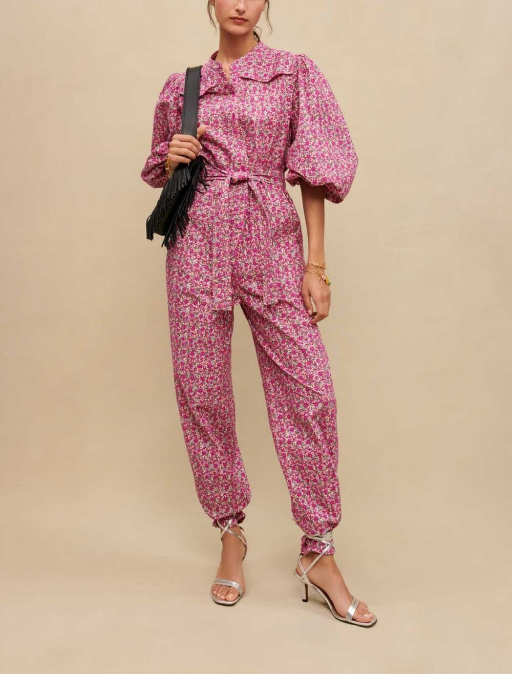 Maje Boho Embroidered Floral Printed Jumpsuit Fuchsia $565 Organic Cotton NWT S
